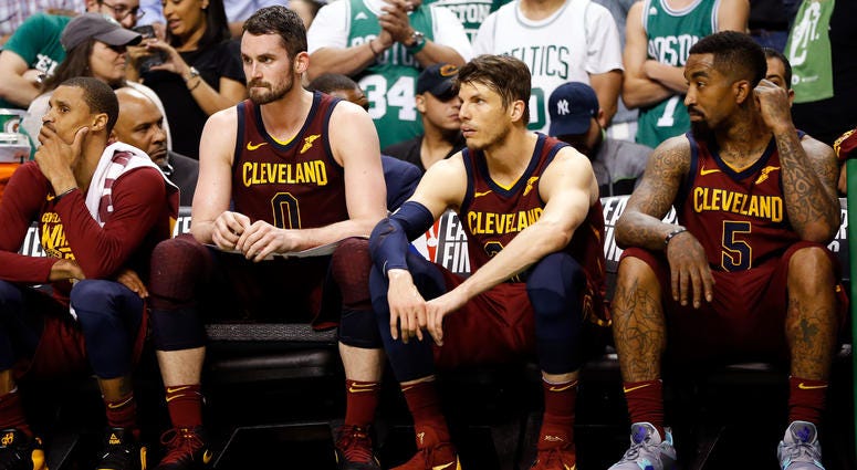 leveland Cavaliers center Kevin Love (0), guard Kyle Korver (26), and guard JR Smith (5) watch the end of the fourth quarter against the Boston Celtics in game two of the Eastern conference finals of the 2018 NBA Playoffs at TD Garden. leveland Cavaliers center Kevin Love (0), guard Kyle Korver (26), and guard JR Smith (5) watch the end of the fourth quarter against the Boston Celtics in game two of the Eastern conference finals of the 2018 NBA Playoffs at TD Garden.