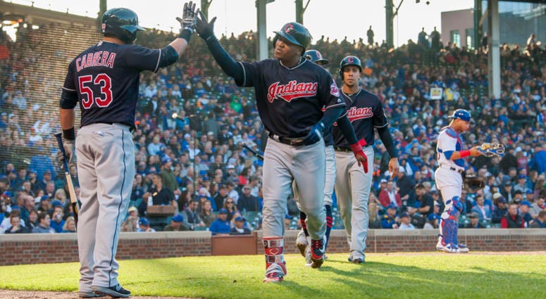May 22, 2018; Chicago, IL, USA; Cleveland Indians third baseman Jose Ramirez (11) celebrates his three run home run with right fielder Melky Cabrera (53) during the third inning against the Chicago Cubs at Wrigley Field. May 22, 2018; Chicago, IL, USA; Cleveland Indians third baseman Jose Ramirez (11) celebrates his three run home run with right fielder Melky Cabrera (53) during the third inning against the Chicago Cubs at Wrigley Field.