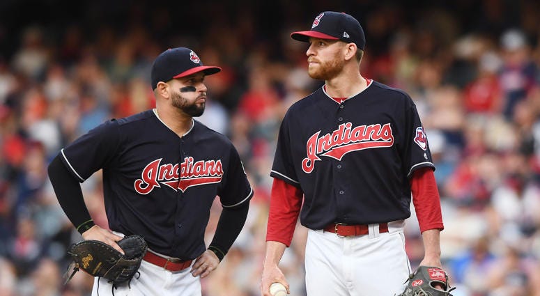 May 24, 2018; Cleveland, OH, USA; Cleveland Indians first baseman Yonder Alonso (17) and relief pitcher Neil Ramirez (58) react on the mound as Ramirez is relieved during the sixth inning against the Houston Astros at Progressive Field. May 24, 2018; Cleveland, OH, USA; Cleveland Indians first baseman Yonder Alonso (17) and relief pitcher Neil Ramirez (58) react on the mound as Ramirez is relieved during the sixth inning against the Houston Astros at Progressive Field.