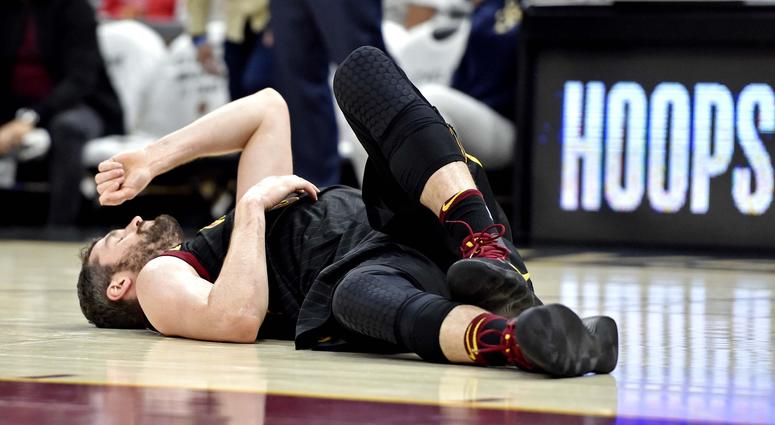 Cleveland Cavaliers center Kevin Love (0) reacts after being injured during the first quarter against the Boston Celtics in game six of the Eastern conference finals of the 2018 NBA Playoffs at Quicken Loans Arena. Cleveland Cavaliers center Kevin Love (0) reacts after being injured during the first quarter against the Boston Celtics in game six of the Eastern conference finals of the 2018 NBA Playoffs at Quicken Loans Arena.