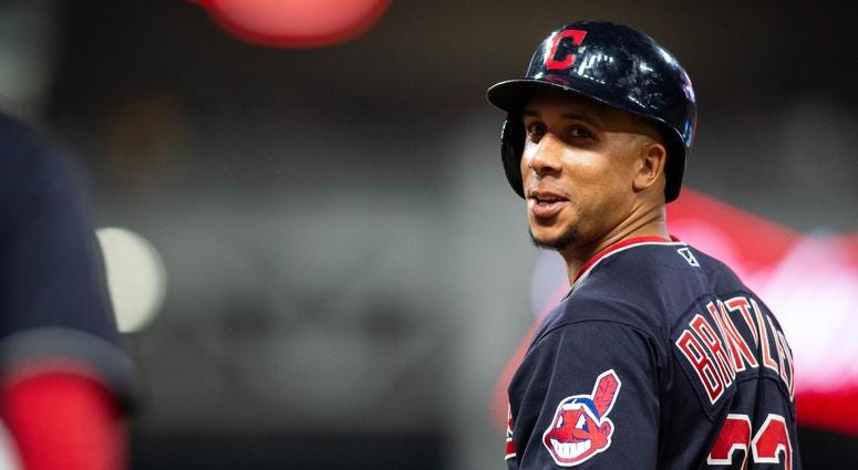 May 25, 2018; Cleveland, OH, USA; Cleveland Indians Michael Brantley (23) laughs with first base coach Sandy Alomar Jr. during the seventh inning against the Houston Astros at Progressive Field. May 25, 2018; Cleveland, OH, USA; Cleveland Indians Michael Brantley (23) laughs with first base coach Sandy Alomar Jr. during the seventh inning against the Houston Astros at Progressive Field.