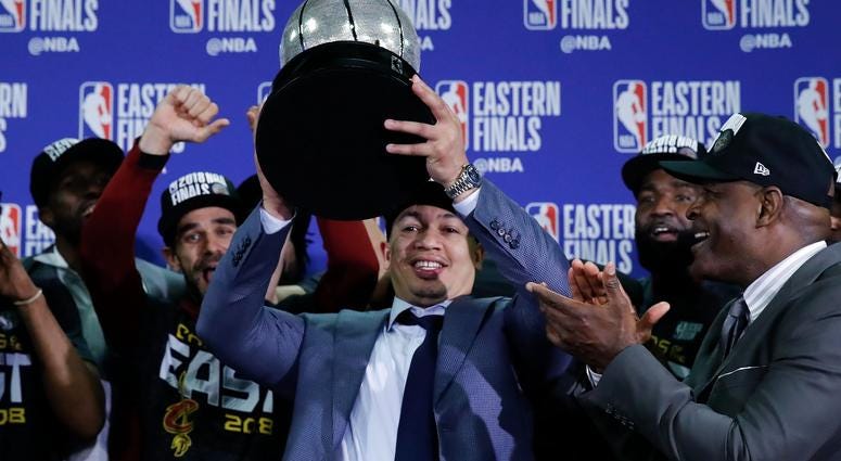 Cleveland Cavaliers head coach Tyronn Lue holds up the Eastern Conference trophy after defeating the Boston Celtics in the 2018 NBA Playoffs at TD Garden. Cleveland Cavaliers head coach Tyronn Lue holds up the Eastern Conference trophy after defeating the Boston Celtics in the 2018 NBA Playoffs at TD Garden.