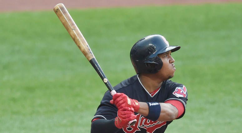 May 29, 2018; Cleveland, OH, USA; Cleveland Indians third baseman Jose Ramirez (11) hits a solo home run in the fifth inning against the Chicago White Sox at Progressive Field. May 29, 2018; Cleveland, OH, USA; Cleveland Indians third baseman Jose Ramirez (11) hits a solo home run in the fifth inning against the Chicago White Sox at Progressive Field.
