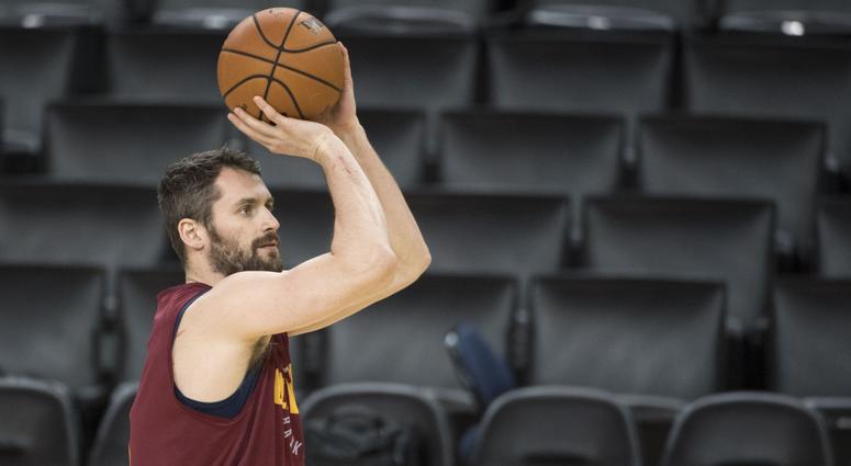 Cleveland Cavaliers center Kevin Love (0) shoots the basketball during NBA Finals media day at Oracle Arena. Cleveland Cavaliers center Kevin Love (0) shoots the basketball during NBA Finals media day at Oracle Arena.