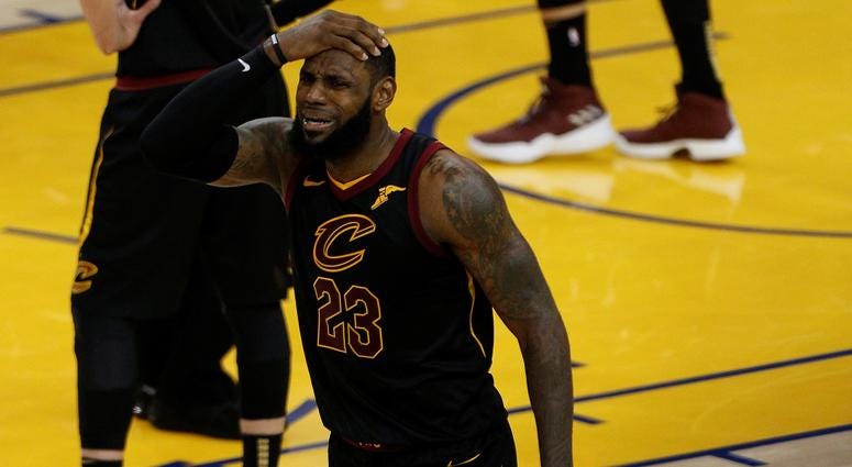 Cleveland Cavaliers forward LeBron James (23) reacts to a call against him during the second half in game one of the 2018 NBA Finals at Oracle Arena. Cleveland Cavaliers forward LeBron James (23) reacts to a call against him during the second half in game one of the 2018 NBA Finals at Oracle Arena.