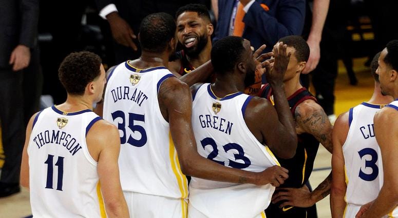 Cleveland Cavaliers center Tristan Thompson (13) is involved in an altercation with Golden State Warriors forward Draymond Green (23) during overtime in game one of the 2018 NBA Finals at Oracle Arena. Cleveland Cavaliers center Tristan Thompson (13) is involved in an altercation with Golden State Warriors forward Draymond Green (23) during overtime in game one of the 2018 NBA Finals at Oracle Arena.
