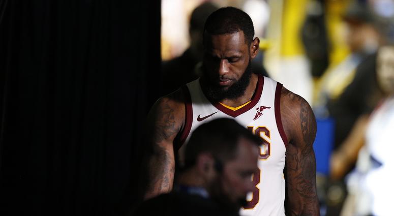 Cleveland Cavaliers forward LeBron James (23) reacts following the 122-103 loss against the Golden State Warriors in game two of the 2018 NBA Finals at Oracle Arena. Cleveland Cavaliers forward LeBron James (23) reacts following the 122-103 loss against the Golden State Warriors in game two of the 2018 NBA Finals at Oracle Arena.