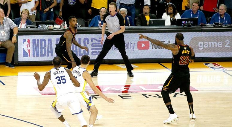 Cleveland Cavaliers guard JR Smith (5) dribbles the ball after controlling an offensive rebound against the Golden State Warriors with under five seconds remaining in the fourth quarter in game one of the 2018 NBA Finals at Oracle Arena Cleveland Cavaliers guard JR Smith (5) dribbles the ball after controlling an offensive rebound against the Golden State Warriors with under five seconds remaining in the fourth quarter in game one of the 2018 NBA Finals at Oracle Arena