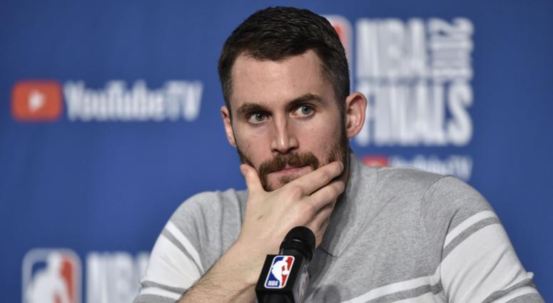 Cleveland Cavaliers center Kevin Love (0) speaks to the media after game three of the 2018 NBA Finals at Quicken Loans Arena. Cleveland Cavaliers center Kevin Love (0) speaks to the media after game three of the 2018 NBA Finals at Quicken Loans Arena.