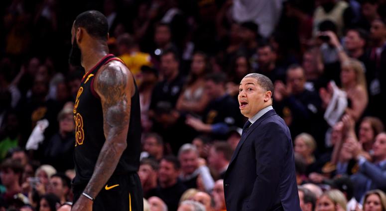 Cleveland Cavaliers head coach Tyronn Lue talks with forward LeBron James (23) during the second quarter against the Golden State Warriors in game four of the 2018 NBA Finals at Quicken Loans Arena. Cleveland Cavaliers head coach Tyronn Lue talks with forward LeBron James (23) during the second quarter against the Golden State Warriors in game four of the 2018 NBA Finals at Quicken Loans Arena.
