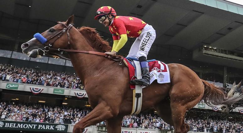 Mike Smith aboard Justify wins the 150th running of the Belmont Stakes