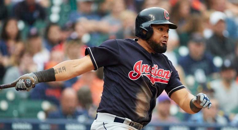 Jun 10, 2018; Detroit, MI, USA; Cleveland Indians left fielder Melky Cabrera (53) hits an RBI single in the eighth inning against the Detroit Tigers at Comerica Park. Jun 10, 2018; Detroit, MI, USA; Cleveland Indians left fielder Melky Cabrera (53) hits an RBI single in the eighth inning against the Detroit Tigers at Comerica Park.