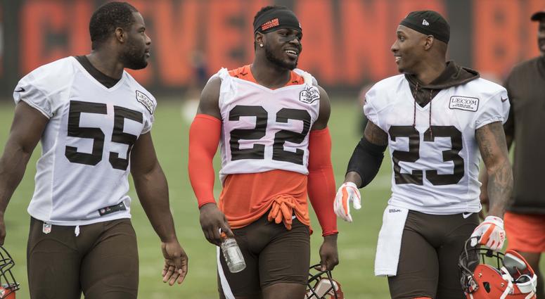 Cleveland Browns linebacker Genard Avery (55) and defensive back Jabrill Peppers (22) and defensive back Damarious Randall (23) leave the field after minicamp at the Cleveland Browns training facility. Cleveland Browns linebacker Genard Avery (55) and defensive back Jabrill Peppers (22) and defensive back Damarious Randall (23) leave the field after minicamp at the Cleveland Browns training facility.
