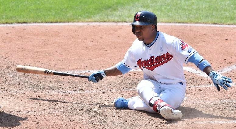 Jun 17, 2018; Cleveland, OH, USA; Cleveland Indians third baseman Jose Ramirez (11) falls to the ground after striking out in the seventh inning against the Minnesota Twins at Progressive Field. Jun 17, 2018; Cleveland, OH, USA; Cleveland Indians third baseman Jose Ramirez (11) falls to the ground after striking out in the seventh inning against the Minnesota Twins at Progressive Field.