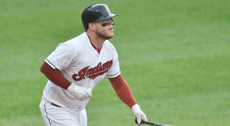 Jun 18, 2018; Cleveland, OH, USA; Cleveland Indians catcher Roberto Perez (55) hits a two-run double in the second inning against the Chicago White Sox at Progressive Field. Jun 18, 2018; Cleveland, OH, USA; Cleveland Indians catcher Roberto Perez (55) hits a two-run double in the second inning against the Chicago White Sox at Progressive Field.