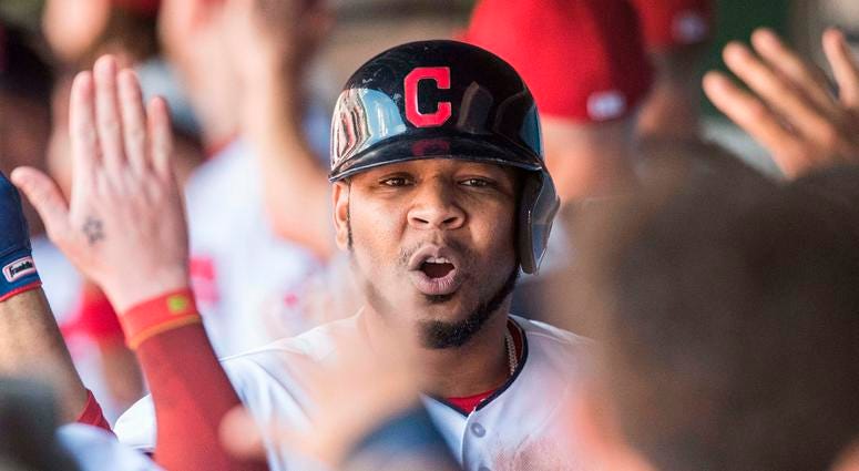un 24, 2018; Cleveland, OH, USA; Cleveland Indians designated hitter Edwin Encarnacion (10) celebrates after hitting a grand slam home run during the eighth inning against the Detroit Tigers at Progressive Field. un 24, 2018; Cleveland, OH, USA; Cleveland Indians designated hitter Edwin Encarnacion (10) celebrates after hitting a grand slam home run during the eighth inning against the Detroit Tigers at Progressive Field.