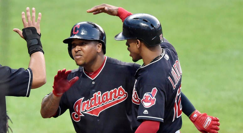 Jul 11, 2018; Cleveland, OH, USA; Cleveland Indians third baseman Jose Ramirez (11) celebrates with shortstop Francisco Lindor (right) after hitting a three-run home run against the Cincinnati Reds in the third inning at Progressive Field. Jul 11, 2018; Cleveland, OH, USA; Cleveland Indians third baseman Jose Ramirez (11) celebrates with shortstop Francisco Lindor (right) after hitting a three-run home run against the Cincinnati Reds in the third inning at Progressive Field.