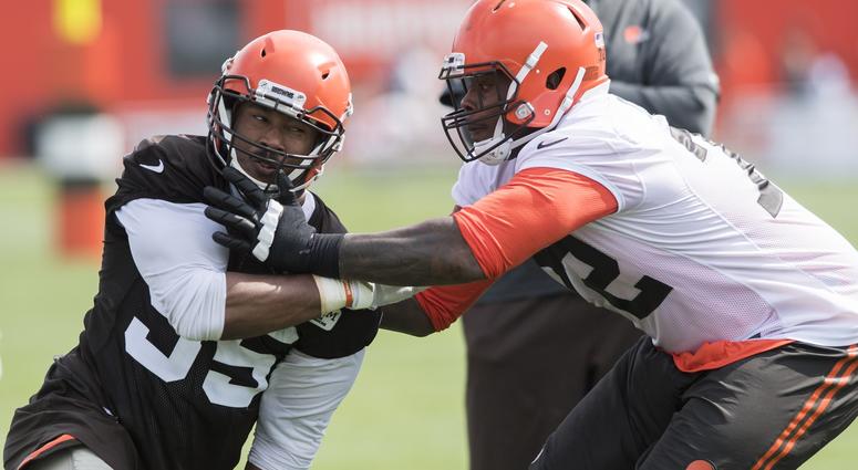 Cleveland Browns defensive end Myles Garrett (95) works against offensive tackle Shon Coleman (72) during training camp at the Cleveland Browns Training Complex. Cleveland Browns defensive end Myles Garrett (95) works against offensive tackle Shon Coleman (72) during training camp at the Cleveland Browns Training Complex.