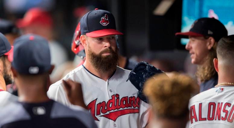 Aug 4, 2018; Cleveland, OH, USA; Cleveland Indians starting pitcher Corey Kluber (28) celebrates in the dugout after pitching the eighth inning against the Los Angeles Angels at Progressive Field. Aug 4, 2018; Cleveland, OH, USA; Cleveland Indians starting pitcher Corey Kluber (28) celebrates in the dugout after pitching the eighth inning against the Los Angeles Angels at Progressive Field.