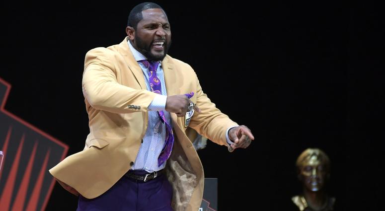 Baltimore Ravens former linebacker Ray Lewis during the Pro Football Hall of Fame Enshrinement Ceremony at Tom Bensen Stadium. Baltimore Ravens former linebacker Ray Lewis during the Pro Football Hall of Fame Enshrinement Ceremony at Tom Bensen Stadium.