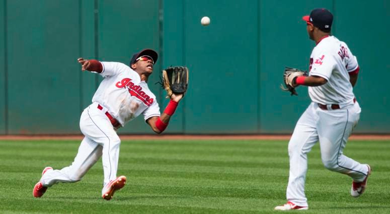 Aug 19, 2018; Cleveland, OH, USA; Cleveland Indians center fielder Greg Allen (1) makes a running catch on a hit by Baltimore Orioles first baseman Chris Davis during the sixth inning at Progressive Field. Aug 19, 2018; Cleveland, OH, USA; Cleveland Indians center fielder Greg Allen (1) makes a running catch on a hit by Baltimore Orioles first baseman Chris Davis during the sixth inning at Progressive Field.