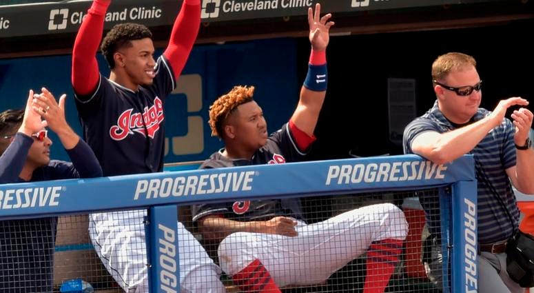 Aug 30, 2018; Cleveland, OH, USA; Cleveland Indians shortstop Francisco Lindor (12) and third baseman Jose Ramirez (11) celebrate in the sixth inning against the Minnesota Twins at Progressive Field. Aug 30, 2018; Cleveland, OH, USA; Cleveland Indians shortstop Francisco Lindor (12) and third baseman Jose Ramirez (11) celebrate in the sixth inning against the Minnesota Twins at Progressive Field.