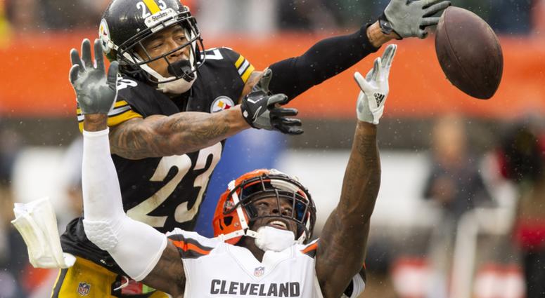 Pittsburgh Steelers defensive back Joe Haden (23) breaks up a pass intended for Cleveland Browns wide receiver Josh Gordon (12) during the third quarter at FirstEnergy Stadium. Pittsburgh Steelers defensive back Joe Haden (23) breaks up a pass intended for Cleveland Browns wide receiver Josh Gordon (12) during the third quarter at FirstEnergy Stadium.