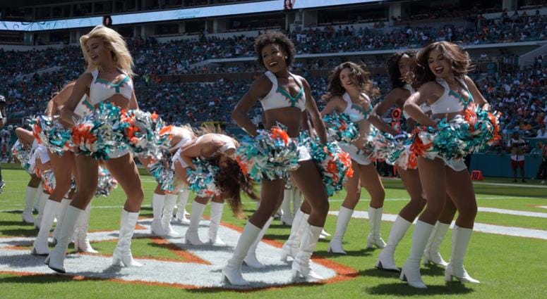 Sep 23, 2018; Miami Gardens, FL, USA; Miami Dolphins cheerleaders perform during the game against the Oakland Raiders at Hard Rock Stadium. Mandatory Credit: Kirby Lee-USA TODAY Sports Sep 23, 2018; Miami Gardens, FL, USA; Miami Dolphins cheerleaders perform during the game against the Oakland Raiders at Hard Rock Stadium. Mandatory Credit: Kirby Lee-USA TODAY Sports
