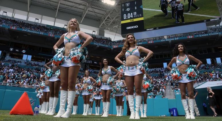 Sep 23, 2018; Miami Gardens, FL, USA; Miami Dolphins cheerleaders perform during a game against the Oakland Raiders at Hard Rock Stadium. Mandatory Credit: Kirby Lee-USA TODAY Sports Sep 23, 2018; Miami Gardens, FL, USA; Miami Dolphins cheerleaders perform during a game against the Oakland Raiders at Hard Rock Stadium. Mandatory Credit: Kirby Lee-USA TODAY Sports