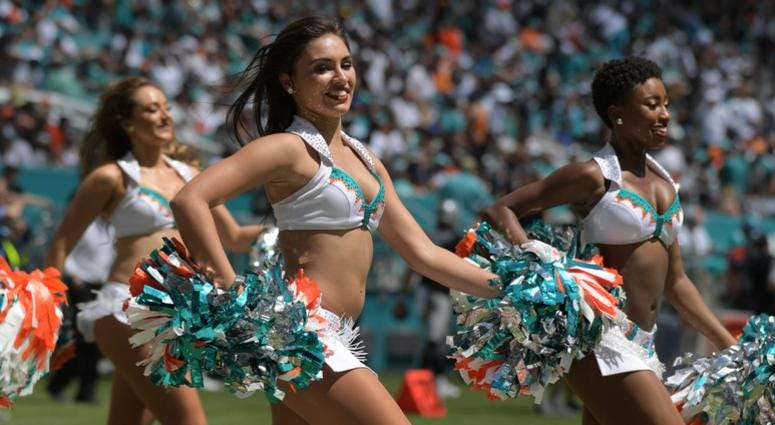 Sep 23, 2018; Miami Gardens, FL, USA; Miami Dolphins cheerleaders perform during the game against the Oakland Raiders at Hard Rock Stadium. Mandatory Credit: Kirby Lee-USA TODAY Sports Sep 23, 2018; Miami Gardens, FL, USA; Miami Dolphins cheerleaders perform during the game against the Oakland Raiders at Hard Rock Stadium. Mandatory Credit: Kirby Lee-USA TODAY Sports