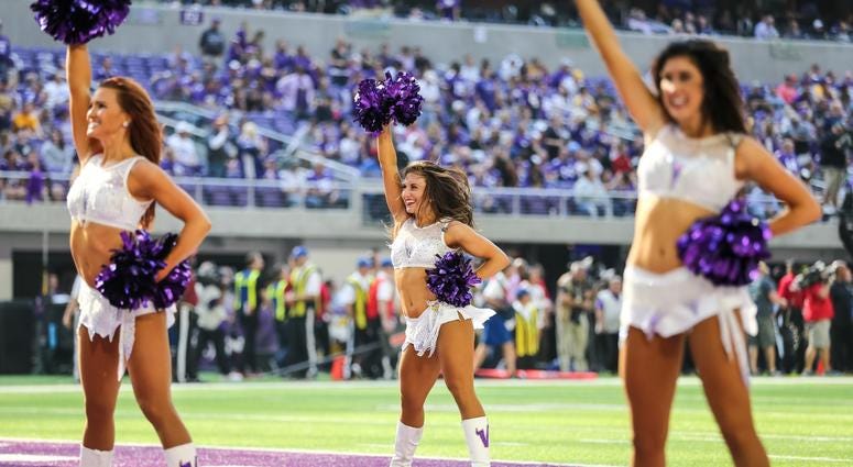Sep 23, 2018; Minneapolis, MN, USA; Minnesota Vikings cheerleaders perform during the fourth quarter against the Buffalo Bills at U.S. Bank Stadium. Mandatory Credit: Brace Hemmelgarn-USA TODAY Sports Sep 23, 2018; Minneapolis, MN, USA; Minnesota Vikings cheerleaders perform during the fourth quarter against the Buffalo Bills at U.S. Bank Stadium. Mandatory Credit: Brace Hemmelgarn-USA TODAY Sports