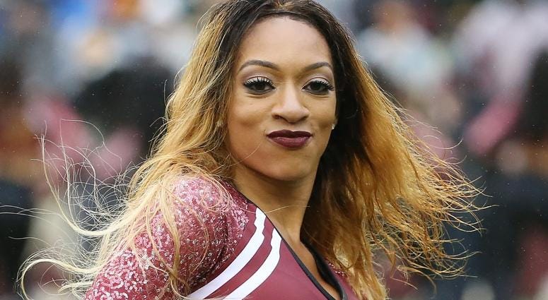 Sep 23, 2018; Landover, MD, USA; A Washington Redskins cheerleader dances on the field during a timeout against the Green Bay Packers in the third quarter at FedEx Field. The Redskins won 31-17. Mandatory Credit: Geoff Burke-USA TODAY Sports Sep 23, 2018; Landover, MD, USA; A Washington Redskins cheerleader dances on the field during a timeout against the Green Bay Packers in the third quarter at FedEx Field. The Redskins won 31-17. Mandatory Credit: Geoff Burke-USA TODAY Sports