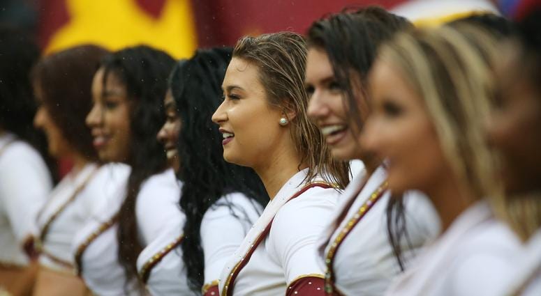 Sep 23, 2018; Landover, MD, USA; Washington Redskins cheerleaders stand on the field prior to the Redskins' game against the Green Bay Packers at FedEx Field. The Redskins won 31-17. Mandatory Credit: Geoff Burke-USA TODAY Sports Sep 23, 2018; Landover, MD, USA; Washington Redskins cheerleaders stand on the field prior to the Redskins' game against the Green Bay Packers at FedEx Field. The Redskins won 31-17. Mandatory Credit: Geoff Burke-USA TODAY Sports