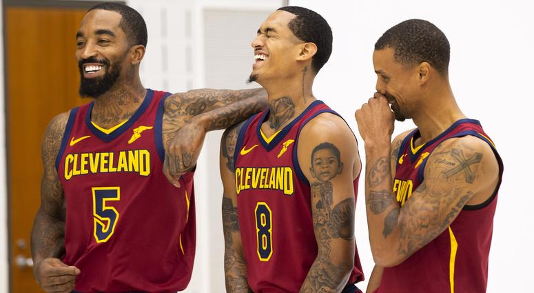 Cleveland Cavaliers guard J.R. Smith (5) and guard Jordan Clarkson (8) laugh along with guard George Hill (3) during Cavs Media Day at Cleveland Clinic Courts. Cleveland Cavaliers guard J.R. Smith (5) and guard Jordan Clarkson (8) laugh along with guard George Hill (3) during Cavs Media Day at Cleveland Clinic Courts.