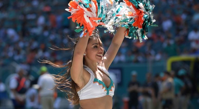 Sep 23, 2018; Miami Gardens, FL, USA; Miami Dolphins cheerleaders perform during the game against the Oakland Raiders at Hard Rock Stadium. Mandatory Credit: Kirby Lee-USA TODAY Sports Sep 23, 2018; Miami Gardens, FL, USA; Miami Dolphins cheerleaders perform during the game against the Oakland Raiders at Hard Rock Stadium. Mandatory Credit: Kirby Lee-USA TODAY Sports