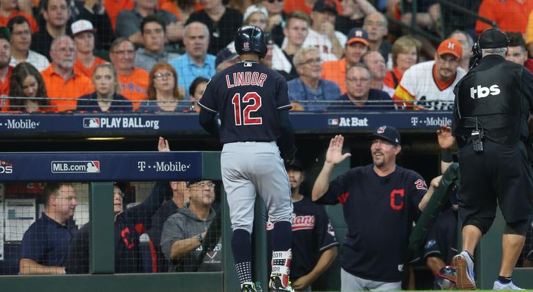 Cleveland Indians shortstop Francisco Lindor (12) celebrates with manager Terry Francona (77) after hitting a solo home run during the third inning against the Houston Astros during game two of the 2018 ALDS playoff baseball series at Minute Maid Park. Cleveland Indians shortstop Francisco Lindor (12) celebrates with manager Terry Francona (77) after hitting a solo home run during the third inning against the Houston Astros during game two of the 2018 ALDS playoff baseball series at Minute Maid Park.