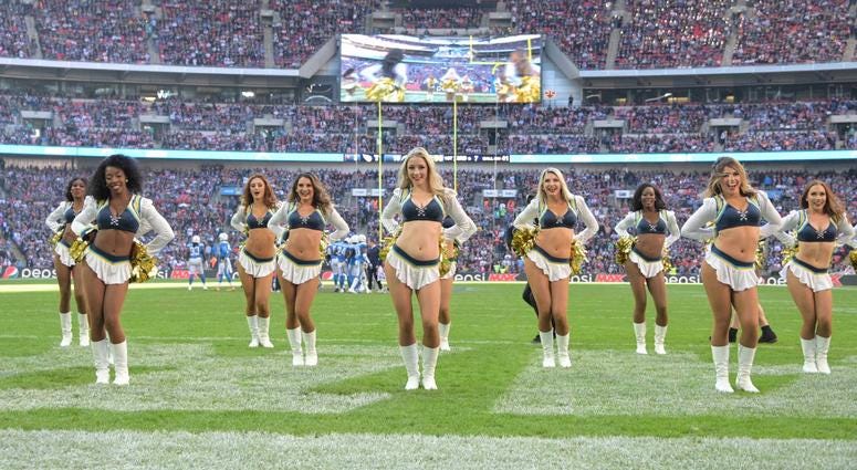 Oct 21, 2018; London, United Kingdom; Los Angeles Chargers girls cheerleaders perform during a game against the Tennessee Titans during an NFL International Series game at Wembley Stadium. Mandatory Credit: Kirby Lee-USA TODAY Sports Oct 21, 2018; London, United Kingdom; Los Angeles Chargers girls cheerleaders perform during a game against the Tennessee Titans during an NFL International Series game at Wembley Stadium. Mandatory Credit: Kirby Lee-USA TODAY Sports