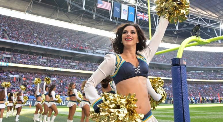Oct 21, 2018; London, United Kingdom; Los Angeles Chargers girls cheerleaders perform during a game against the Tennessee Titans during an NFL International Series game at Wembley Stadium. Mandatory Credit: Kirby Lee-USA TODAY Sports Oct 21, 2018; London, United Kingdom; Los Angeles Chargers girls cheerleaders perform during a game against the Tennessee Titans during an NFL International Series game at Wembley Stadium. Mandatory Credit: Kirby Lee-USA TODAY Sports