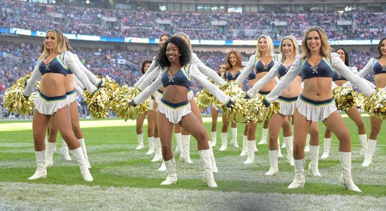 Oct 21, 2018; London, United Kingdom; Los Angeles Chargers girls cheerleaders perform during a game against the Tennessee Titans during an NFL International Series game at Wembley Stadium. Mandatory Credit: Kirby Lee-USA TODAY Sports Oct 21, 2018; London, United Kingdom; Los Angeles Chargers girls cheerleaders perform during a game against the Tennessee Titans during an NFL International Series game at Wembley Stadium. Mandatory Credit: Kirby Lee-USA TODAY Sports