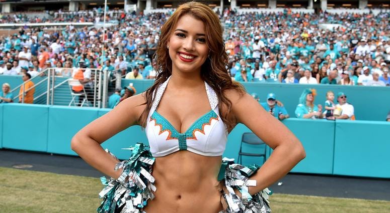 Oct 21, 2018; Miami Gardens, FL, USA; Miami Dolphins cheerleader performs against the Detroit Lions during the first half at Hard Rock Stadium. Mandatory Credit: Steve Mitchell-USA TODAY Sports Oct 21, 2018; Miami Gardens, FL, USA; Miami Dolphins cheerleader performs against the Detroit Lions during the first half at Hard Rock Stadium. Mandatory Credit: Steve Mitchell-USA TODAY Sports
