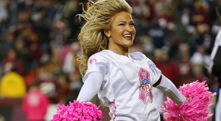Oct 21, 2018; Landover, MD, USA; A Washington Redskins cheerleader dances on the field during a timeout against the Dallas Cowboys at FedEx Field. Mandatory Credit: Geoff Burke-USA TODAY Sports Oct 21, 2018; Landover, MD, USA; A Washington Redskins cheerleader dances on the field during a timeout against the Dallas Cowboys at FedEx Field. Mandatory Credit: Geoff Burke-USA TODAY Sports