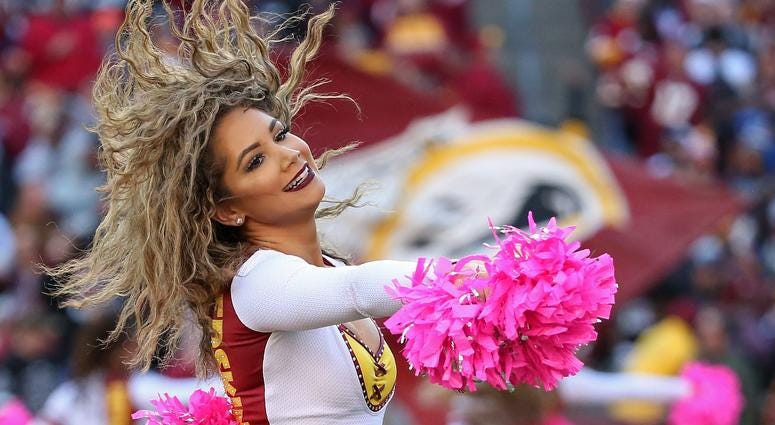 Oct 21, 2018; Landover, MD, USA; A Washington Redskins cheerleader dances on the field during a timeout against the Dallas Cowboys at FedEx Field. Mandatory Credit: Geoff Burke-USA TODAY Sports Oct 21, 2018; Landover, MD, USA; A Washington Redskins cheerleader dances on the field during a timeout against the Dallas Cowboys at FedEx Field. Mandatory Credit: Geoff Burke-USA TODAY Sports