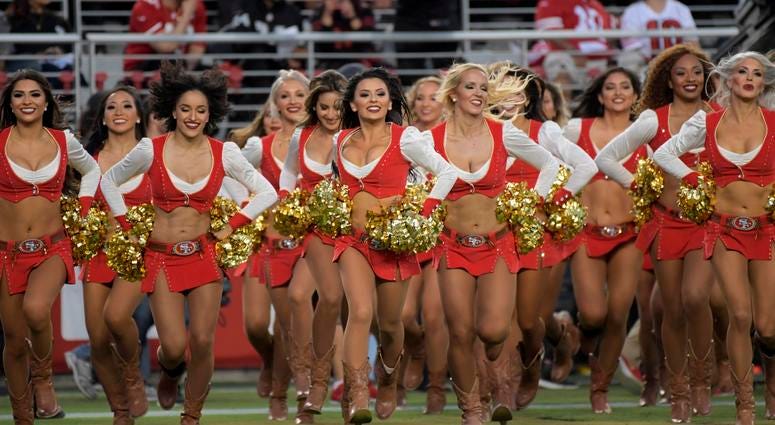 Nov 1, 2018; Santa Clara, CA, USA; San Francisco 49ers gold rush cheerleaders perform during the game against the Oakland Raiders at Levi's Stadium. Mandatory Credit: Kirby Lee-USA TODAY Sports Nov 1, 2018; Santa Clara, CA, USA; San Francisco 49ers gold rush cheerleaders perform during the game against the Oakland Raiders at Levi's Stadium. Mandatory Credit: Kirby Lee-USA TODAY Sports