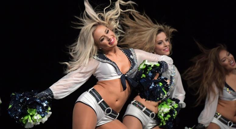 Nov 4, 2018; Seattle, WA, USA; Seattle Seahawks Sea Gals cheerleaders perform before a game against the Los Angeles Chargers at CenturyLink Field. Mandatory Credit: Kirby Lee-USA TODAY Sports Nov 4, 2018; Seattle, WA, USA; Seattle Seahawks Sea Gals cheerleaders perform before a game against the Los Angeles Chargers at CenturyLink Field. Mandatory Credit: Kirby Lee-USA TODAY Sports