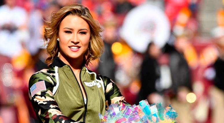 Nov 4, 2018; Landover, MD, USA; Washington Redskins cheerleader performs on the field before a game between the Washington Redskins and the Atlanta Falcons at FedEx Field. Mandatory Credit: Brad Mills-USA TODAY Sports Nov 4, 2018; Landover, MD, USA; Washington Redskins cheerleader performs on the field before a game between the Washington Redskins and the Atlanta Falcons at FedEx Field. Mandatory Credit: Brad Mills-USA TODAY Sports