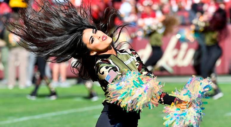 Nov 4, 2018; Landover, MD, USA; Washington Redskins cheerleader performs on the field before a game between the Washington Redskins and the Atlanta Falcons at FedEx Field. Mandatory Credit: Brad Mills-USA TODAY Sports Nov 4, 2018; Landover, MD, USA; Washington Redskins cheerleader performs on the field before a game between the Washington Redskins and the Atlanta Falcons at FedEx Field. Mandatory Credit: Brad Mills-USA TODAY Sports