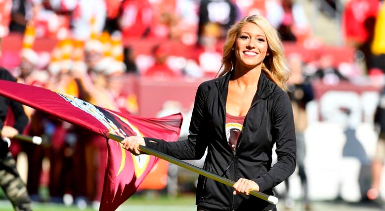 Nov 4, 2018; Landover, MD, USA; Washington Redskins cheerleader performs on the field before a game between the Washington Redskins and the Atlanta Falcons at FedEx Field. Mandatory Credit: Brad Mills-USA TODAY Sports Nov 4, 2018; Landover, MD, USA; Washington Redskins cheerleader performs on the field before a game between the Washington Redskins and the Atlanta Falcons at FedEx Field. Mandatory Credit: Brad Mills-USA TODAY Sports