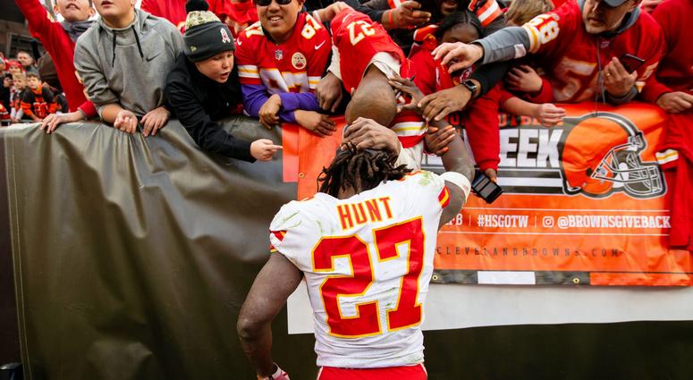Kansas City Chiefs running back Kareem Hunt (27) visits with fans after the game against the Cleveland Browns at FirstEnergy Stadium. Kansas City Chiefs running back Kareem Hunt (27) visits with fans after the game against the Cleveland Browns at FirstEnergy Stadium.