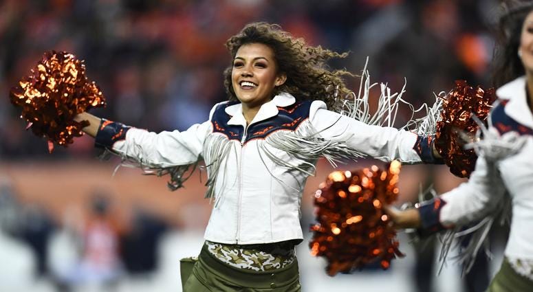 Nov 4, 2018; Denver, CO, USA; Denver Broncos cheerleader performs in the second half against the Houston Texans at Broncos Stadium at Mile High. Mandatory Credit: Ron Chenoy-USA TODAY Sports Nov 4, 2018; Denver, CO, USA; Denver Broncos cheerleader performs in the second half against the Houston Texans at Broncos Stadium at Mile High. Mandatory Credit: Ron Chenoy-USA TODAY Sports