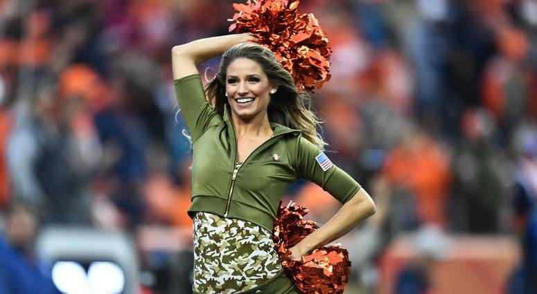 Nov 4, 2018; Denver, CO, USA; Denver Broncos cheerleader performs in the second half against the Houston Texans at Broncos Stadium at Mile High. Mandatory Credit: Ron Chenoy-USA TODAY Sports Nov 4, 2018; Denver, CO, USA; Denver Broncos cheerleader performs in the second half against the Houston Texans at Broncos Stadium at Mile High. Mandatory Credit: Ron Chenoy-USA TODAY Sports